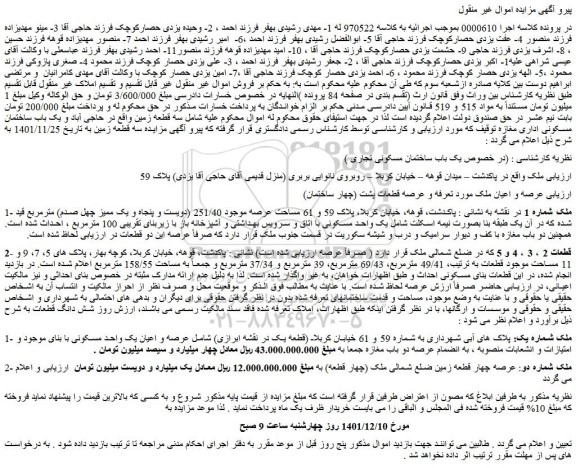 مزایده فروش سه قطعه زمین و یک باب ساختمان مسکونی اداری مغازه