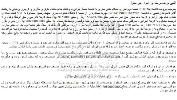 مزایده فروش سرقفلی یک واحد تجاری