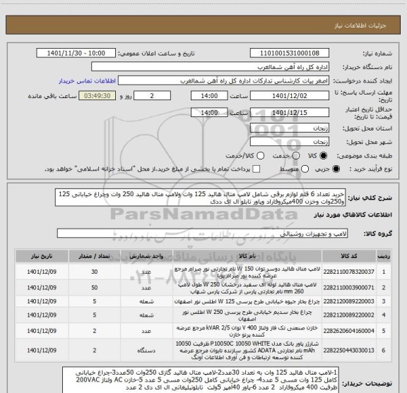 استعلام خرید تعداد 6 قلم لوازم برقی شامل لامپ متال هالید 125 وات ولامپ متال هالید 250 وات وچراغ خیابانی 125 و250وات وخزن 400میکروفاراد وپاور تابلو ال ای ددی