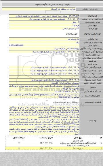 مناقصه, فراخوان(شناسایی سرمایه گذار): تأمین مالی٬ ساخت و بهره برداری از نیروگاه برقابی سیاه مرزکوه