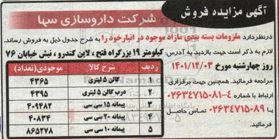 مزایده فروش ملزومات بسته بندی مازاد
