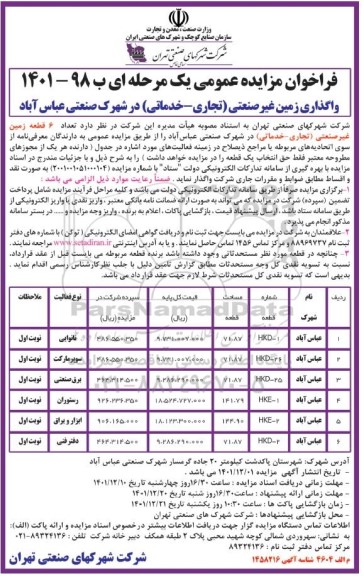 مزایده واگذاری تعداد 6 قطعه زمین غیر صنعتی (تجاری - خدماتی) 