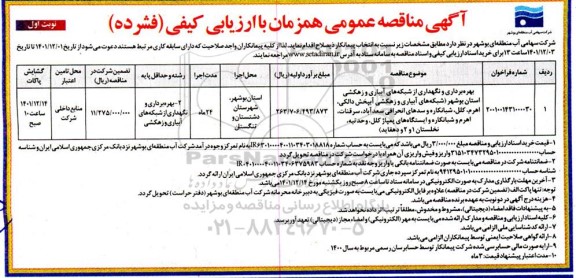 مناقصه عمومی بهره برداری و نگهداری از شبکه های آبیاری و زهکشی ...