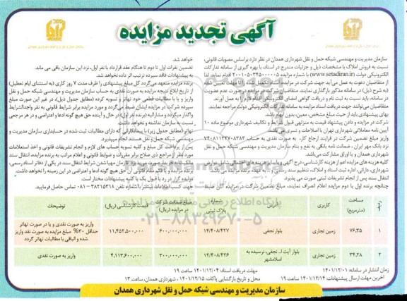 تجدید مزایده فروش املاک با کاربری زمین - تجاری