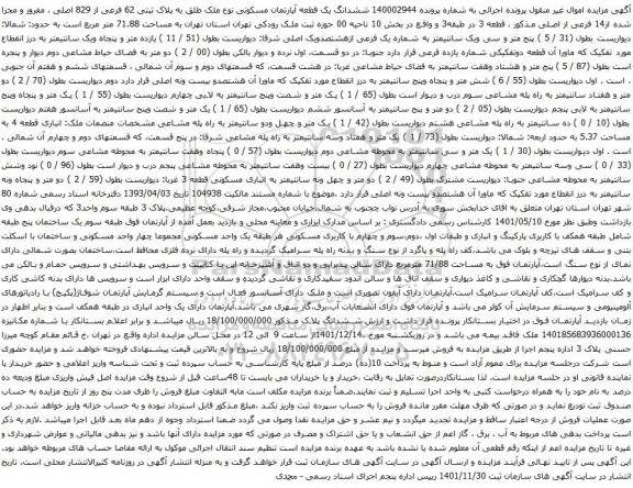 آگهی مزایده ششدانگ یک قطعه آپارتمان مسکونی نوع ملک طلق به پلاک ثبتی 62 فرعی از 829 اصلی ، مفروز و مجزا شده از14 فرعی از اصلی