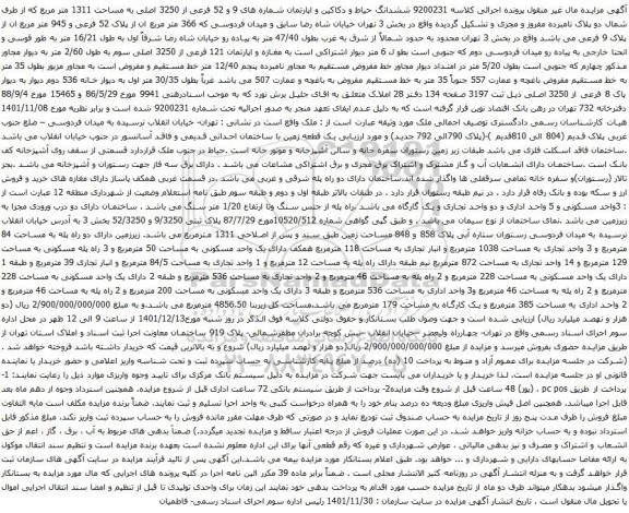 آگهی مزایده ششدانگ حیاط و دکاکین و اپارتمان شماره های 9 و 52 فرعی از 3250 اصلی به مساحت 1311 متر مربع