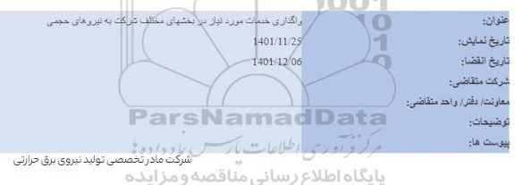 مناقصه واگذاری خدمات مورد نیاز در بخشهای مختلف شرکت به نیروهای حجمی 