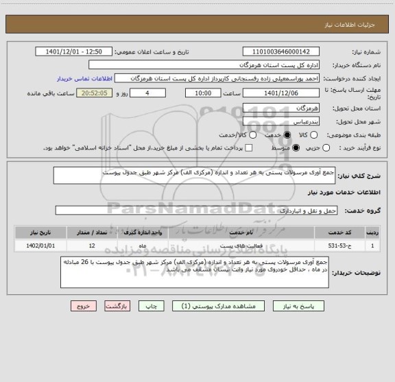 استعلام جمع آوری مرسولات پستی به هر تعداد و اندازه (مرکزی الف) مرکز شهر طبق جدول پیوست