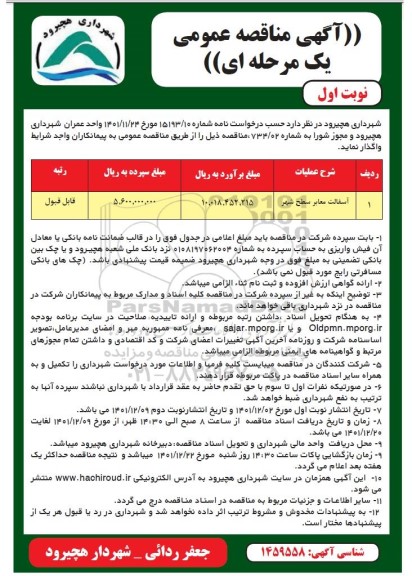 مناقصه آسفالت معابر سطح شهر 