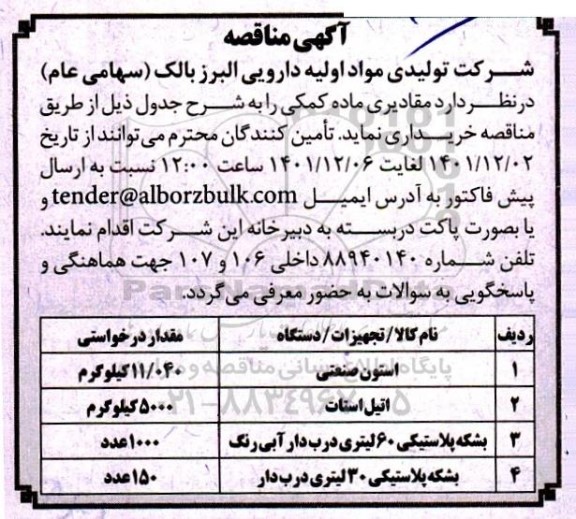 مناقصه مقادیری ماده کمکی ...