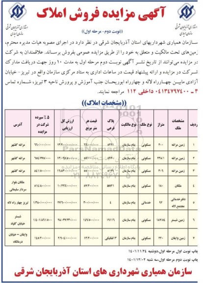 مزایده فروش املاک - نوبت دوم