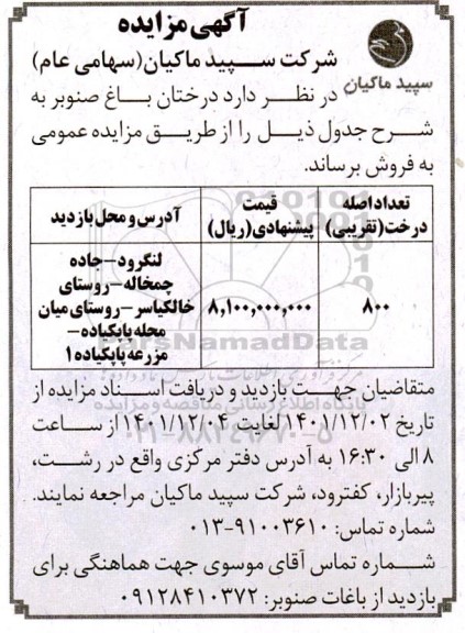 مزایده فروش درختان باغ صنوبر 