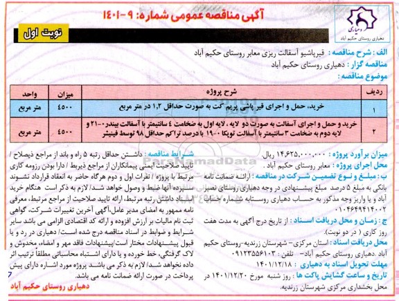 مناقصه خرید حمل و اجرای قیرپاشی پریم کت به صورت حداقل 1.2 در مترمربع و...