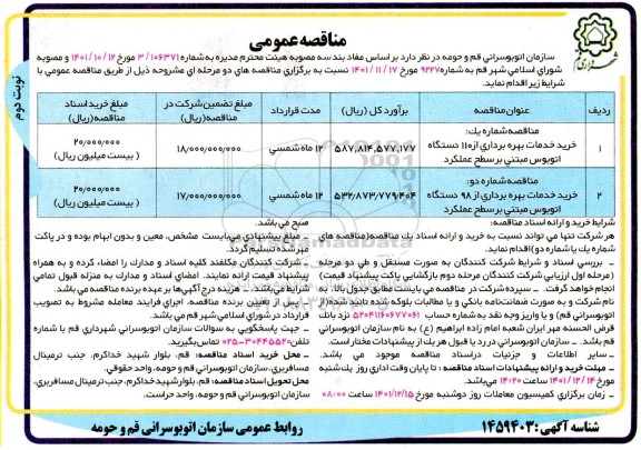 مناقصه عمومی خرید خدمات بهره برداری از 110 دستگاه اتوبوس مبتنی بر سطح عملکرد و ...