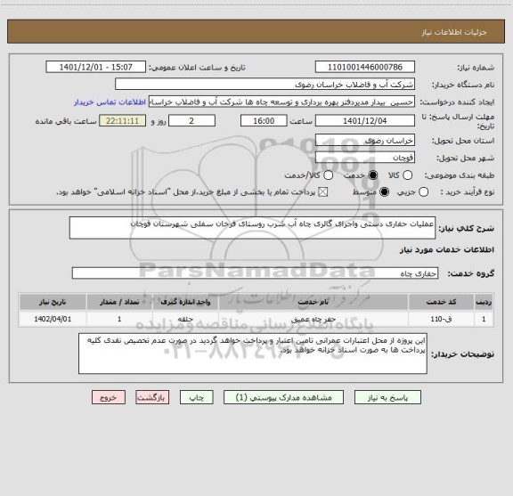 استعلام عملیات حفاری دستی واجرای گالری چاه آب شرب روستای فرخان سفلی شهرستان قوچان