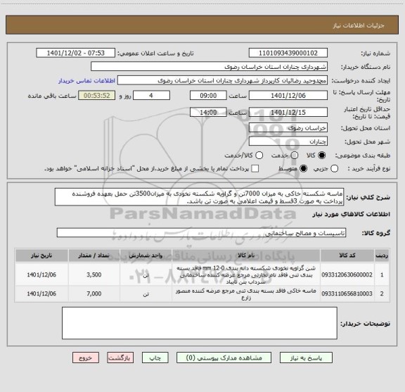 استعلام ماسه شکسته خاکی به میزان 7000تن و گراویه شکسته نخودی به میزان3500تن حمل بعهده فروشنده پرداخت به صورت 3قسط و قیمت اعلامی به صورت تن باشد.