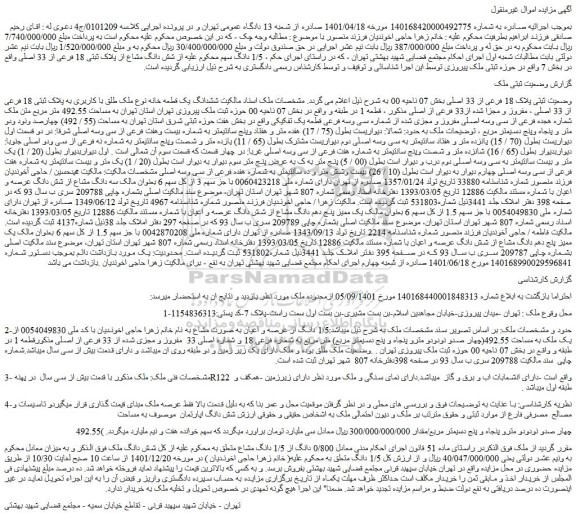 مزایده فروش ششدانگ یک قطعه خانه نوع ملک طلق با کاربری به پلاک ثبتی 18 فرعی از 33 اصلی