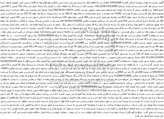 آگهی مزایده ششدانگ یک قطعه ملک با کاربری باغ درختان مثمر تحت پلاک 702 فرعی از 93-اصلی