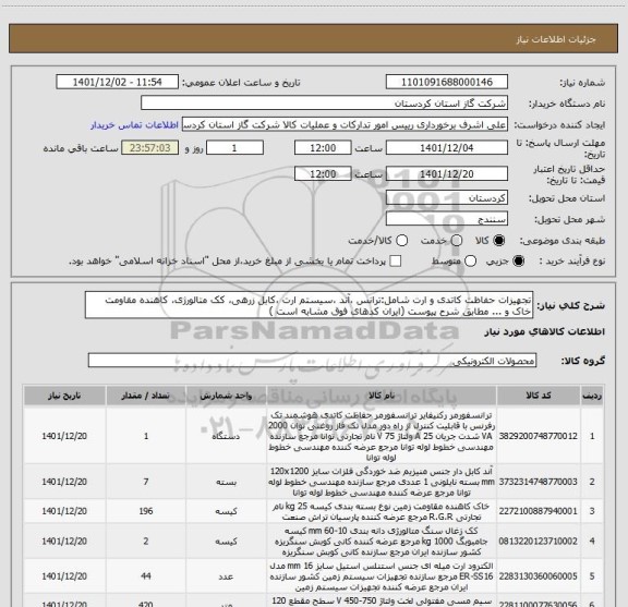 استعلام تجهیزات حفاظت کاتدی و ارت شامل:ترانس ،آند ،سیستم ارت ،کابل زرهی، کک متالورژی، کاهنده مقاومت خاک و ... مطابق شرح پیوست (ایران کدهای فوق مشابه است )