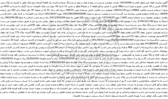 مزایده ششدانگ عرصه و اعیان یک قطعه آپارتمان به پلاک ثبتی 10791 فرعی از 18 اصلی