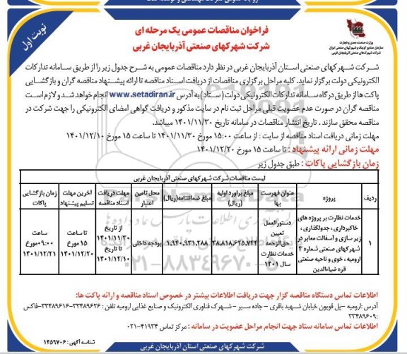 مناقصه خدمات نظارت بر پروژه های خاکبرداری، جدولگذاری، زیرسازی و آسفالت معابر