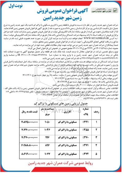 تجدید مزایده فروش 5 قطعه زمین با کاربری مسکونی با تراکم کم 