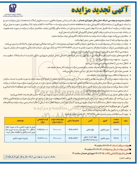 تجدید مزایده فروش املاک با کاربری زمین تجاری