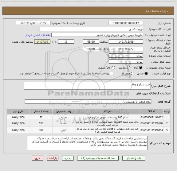 استعلام قند، شکر و چای
