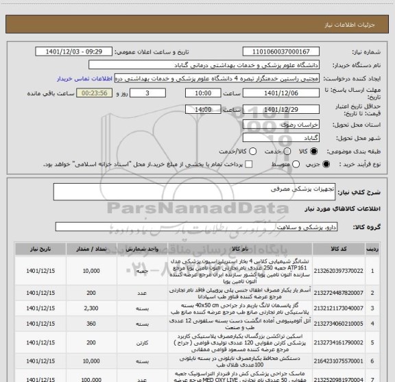 استعلام تجهیزات پزشکی مصرفی