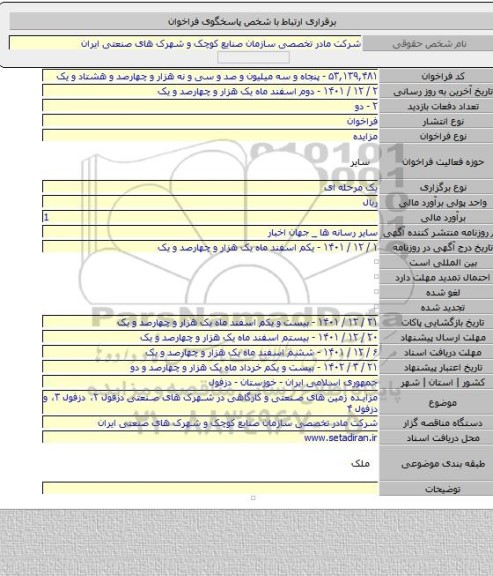 مزایده, مزایده زمین های صنعتی و کارگاهی در شهرک های صنعتی دزفول ۲، دزفول ۳، و دزفول ۴