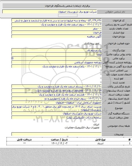 مناقصه, مدیریت انرژی سال ۱۴۰۲ در محدوده امور برق مناطق ۱ ، ۴ ، ۵ و ۶ شرکت توزیع برق شهرستان اصفهان