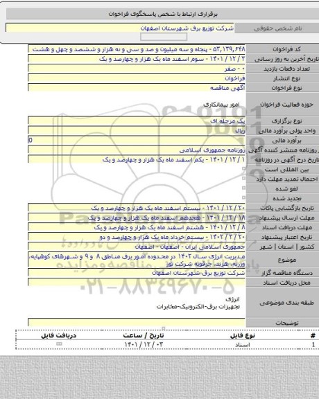 مناقصه, مدیریت انرژی سال ۱۴۰۲ در محدوده امور برق مناطق ۸ و ۹  و شهرهای کوهپایه، ورزنه، هرند، جرقویه شرکت توز
