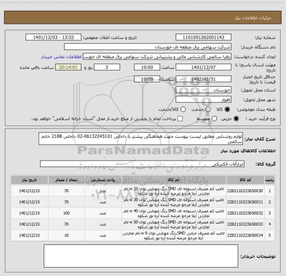 استعلام لوازم روشنایی مطابق لیست پیوست جهت هماهنگی بیشتر با داخلی 06132245101-02 داخلی 2188 خانم سالمی