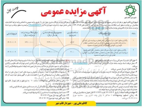 مزایده اجاره منافع پارک ...
