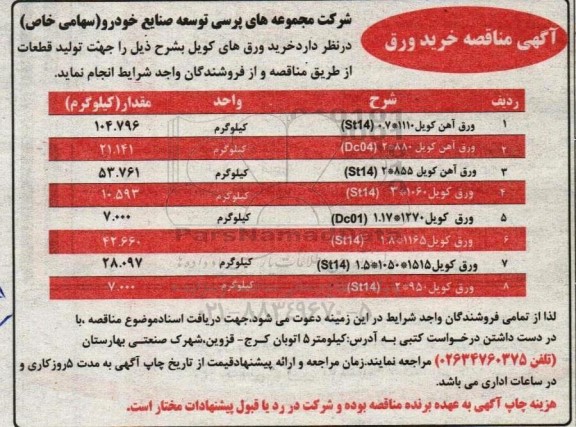 مناقصه خرید ورق های کویل