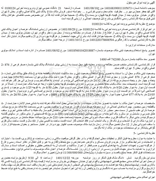 مزایده ششدانگ عرصه و اعیان پلاک ثبتی 876 اصلی