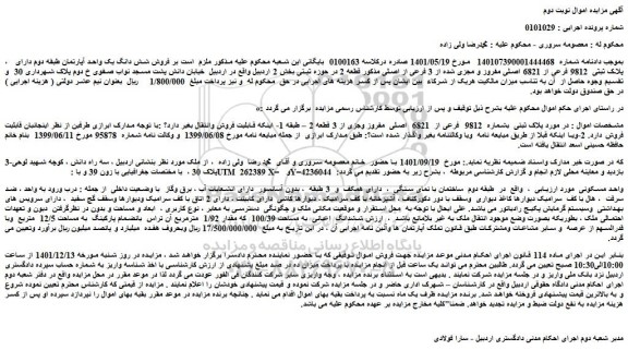مزایده فروش ملک پلاک ثبتی  بشماره  9812  فرعی از  6821  اصلی  مفروز وجزی از 3 قطعه 2 