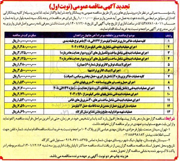 مناقصه کلیه عملیات خاکبرداری ترانشه.... تجدید