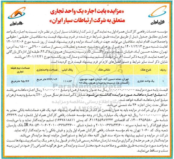 مزایده بابت اجاره یک واحد تجاری 