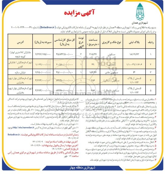 مزایده فروش ملک با کاربری مسکونی - تجاری به مساحت 215.37 و 49 و 154.46 و 256 و 256