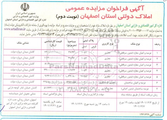 مزایده فروش املاک مازاد مزایده فروش املاک مازاد  - نوبت دوم 