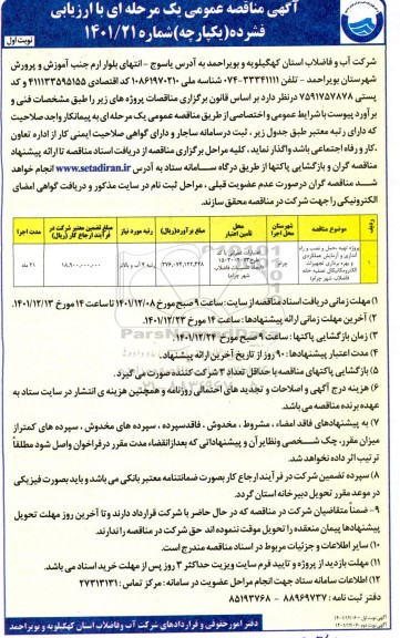 مناقصه پروژه تهیه، حمل و نصب و راه اندازی و آزمایش عملکردی و بهره برداری تجهیزات الکترومکانیکال....
