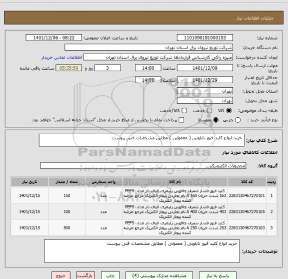 استعلام  خرید انواع کلید فیوز تابلویی ( معمولی ) مطابق مشخصات فنی پیوست