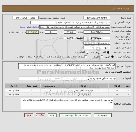 استعلام کمد نگهداری مواد شیمیایی و میز ترازو  - نام کالا اعلام شده صرفا برای ثبت تقاضا در سامانه بوده و مبنای خرید دیتا شیت پیوست است