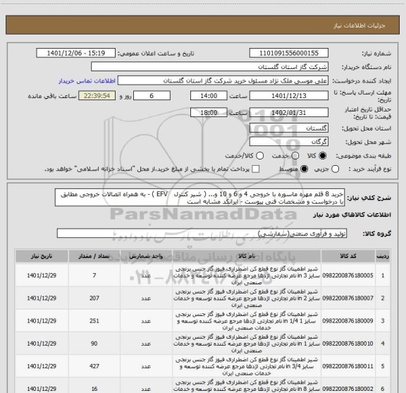 استعلام خرید 8 قلم مهره ماسوره با خروجی 4 و 6 و 10 و... ( شیر کنترل   EFV ) - به همراه اتصالات خروجی مطابق با درخواست و مشخصات فنی پیوست - ایرانکد مشابه است