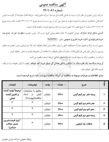 مناقصه پسته و مغز بادام و غیره ...