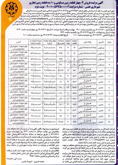مزایده فروش 4/ چهار قطعه زمین مسکونی و 10 / ده قطعه زمین تجاری ـ نوبت دوم