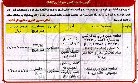 مزایده فروش دو قطعه زمین مسکونی