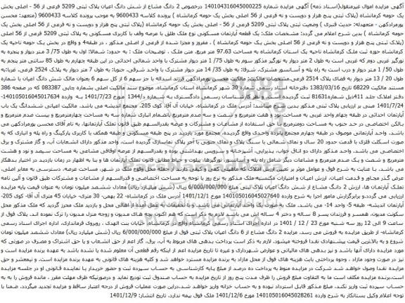 آگهی مزایده 2 دانگ مشاع از شش دانگ اعیان پلاک ثبتی 5209 فرعی از 56 - اصلی