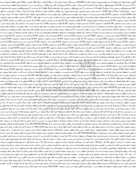 آگهی مزایده ششدانگ عرصه و اعیان یک دستگاه آپارتمان ه پلاک 109 فرعی از 3340 اصلی قطعه 2 مجزی شده از 33 به مساحت 314.39 مترمربع